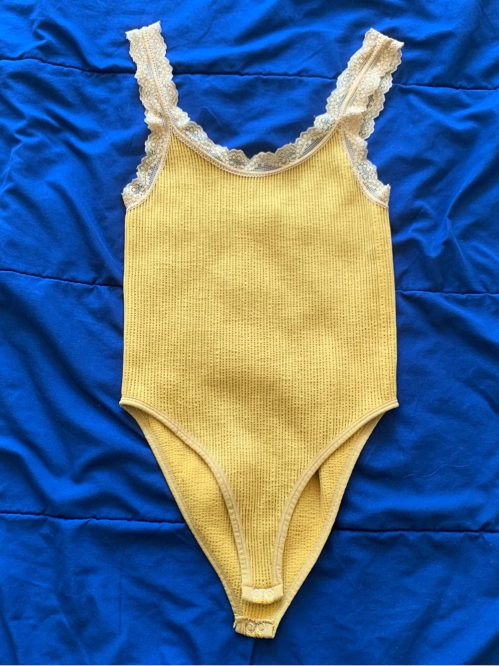 Forever 21 Yellow Lace-Trim Ribbed One-Piece Bodysuit